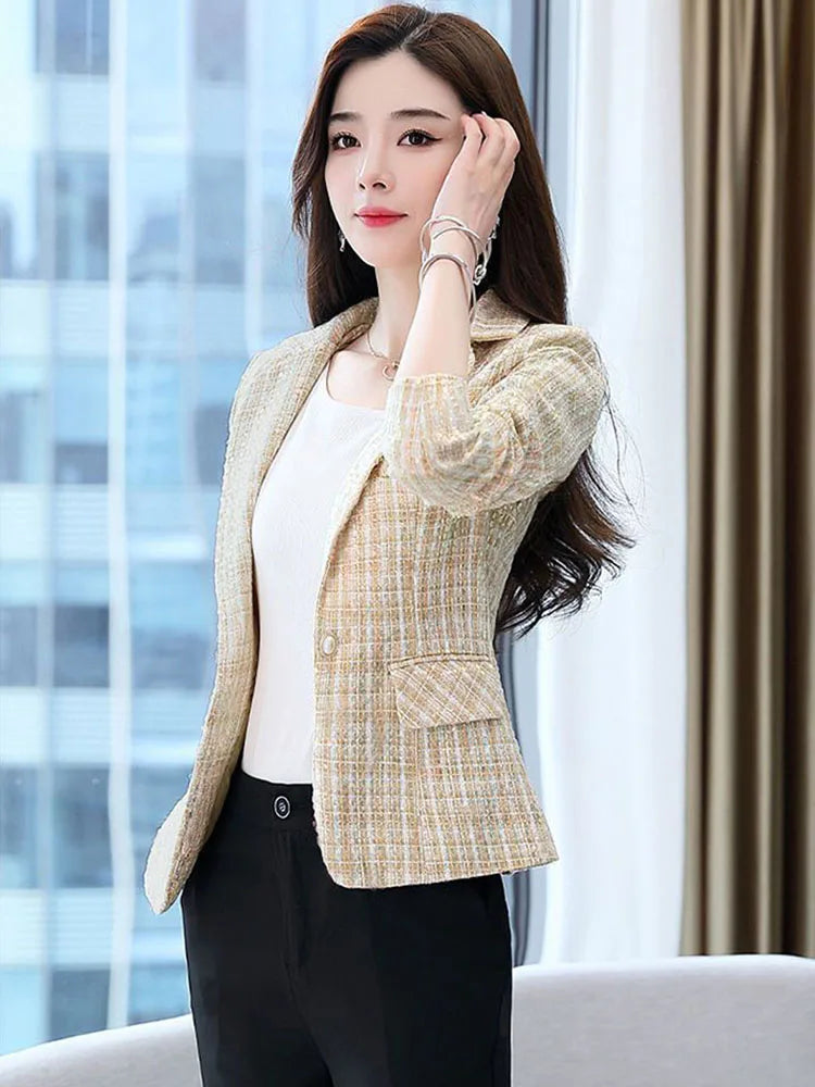 2025 Fashion Tweed Short Jacket Women's Plaid Blazers Coarse Woolen Coat Spring Autumn Casual Tops Slim Small Suit Jackets Lady