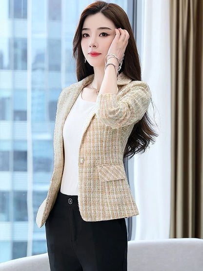 2025 Fashion Tweed Short Jacket Women's Plaid Blazers Coarse Woolen Coat Spring Autumn Casual Tops Slim Small Suit Jackets Lady
