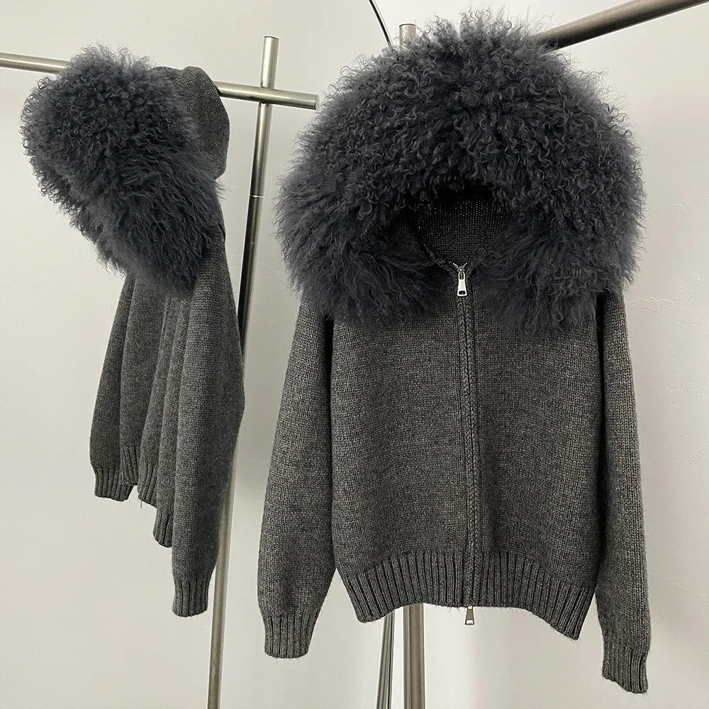 OFTBUY Real Mongolian Fur Knitwear Coat Women Cardigan Natural Fox Fur Coat Female Spring Autumn Hooded Knitted Fur Jacket