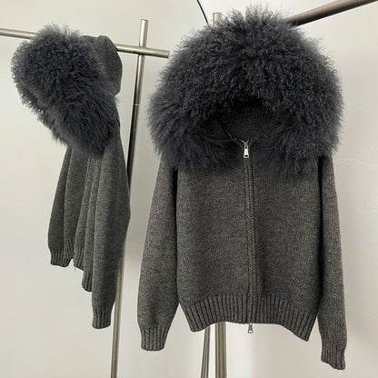 OFTBUY Real Mongolian Fur Knitwear Coat Women Cardigan Natural Fox Fur Coat Female Spring Autumn Hooded Knitted Fur Jacket