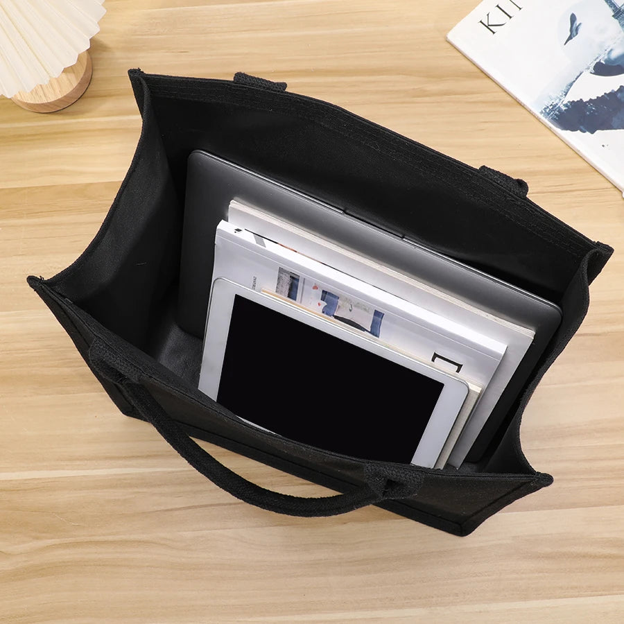 Pure black canvas ladies handbag large capacity open gift shopping bag for outing storage shoulder bag