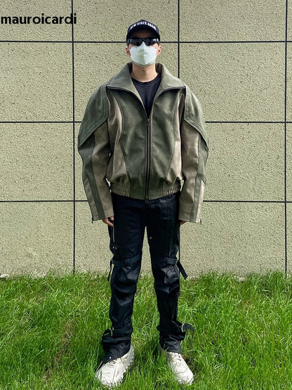 Mauroicardi Spring Autumn Cool Handsome Windproof Oversized Distressed Patchwork Pu Leather Jacket Men Zip Up European Fashion
