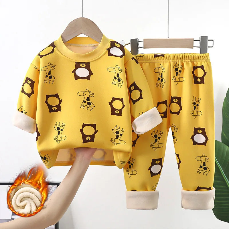 New 2025 Autumn Winter Kids Thicken Warm Pajamas Baby Boys Girls Cartoon Long Sleeve Pyjamas Toddler Sleepwear Clothing Sets