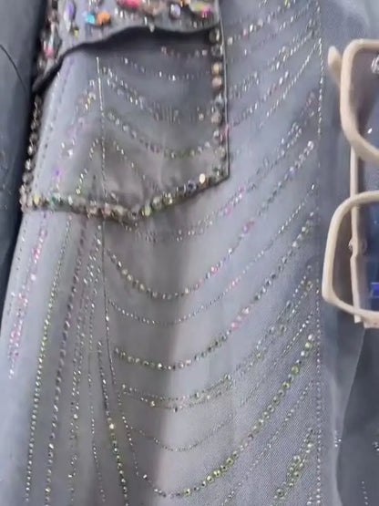 Luxury Style Sparkle Diamonds Stitch Pocket Denim Jacket For Women's Oversized Fashion Spring Autumn Thin Denim Cardigan Coat