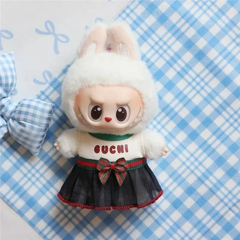 15 17cm For Labubu Doll Luxury Fashion Red Blue Stripe Dress Skirt Outfit Clothing Leather Shoes Set Ropa Clothes Accessories