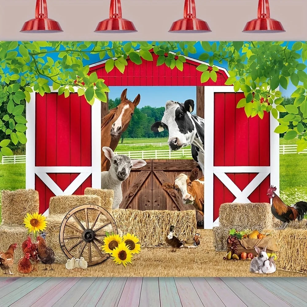 Holiday countryside style farmhouse background cloth - red barn, animal and spring grass scene