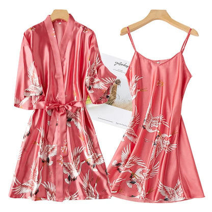 Sexy Nightwear Gown Set Women 2PC Pyjama V-Neck Pajamas Silky Sleepwear Spring Lady Sleep Suit Robe Wear Home Negligee Homewear