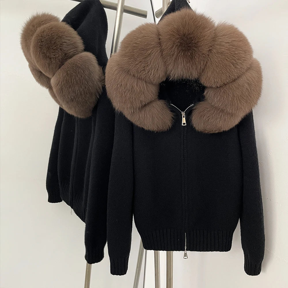 OFTBUY Real Mongolian Fur Knitwear Coat Women Cardigan Natural Fox Fur Coat Female Spring Autumn Hooded Knitted Fur Jacket