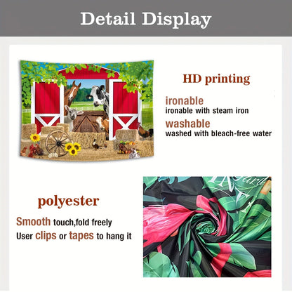 Holiday countryside style farmhouse background cloth - red barn, animal and spring grass scene