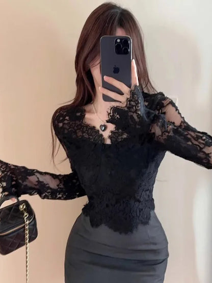Bla Lace Floral Hollow out V-Ne Long Sve Women's Base irt Slim Fit Spring Autumn High Quali Sexy Top Korean Sle