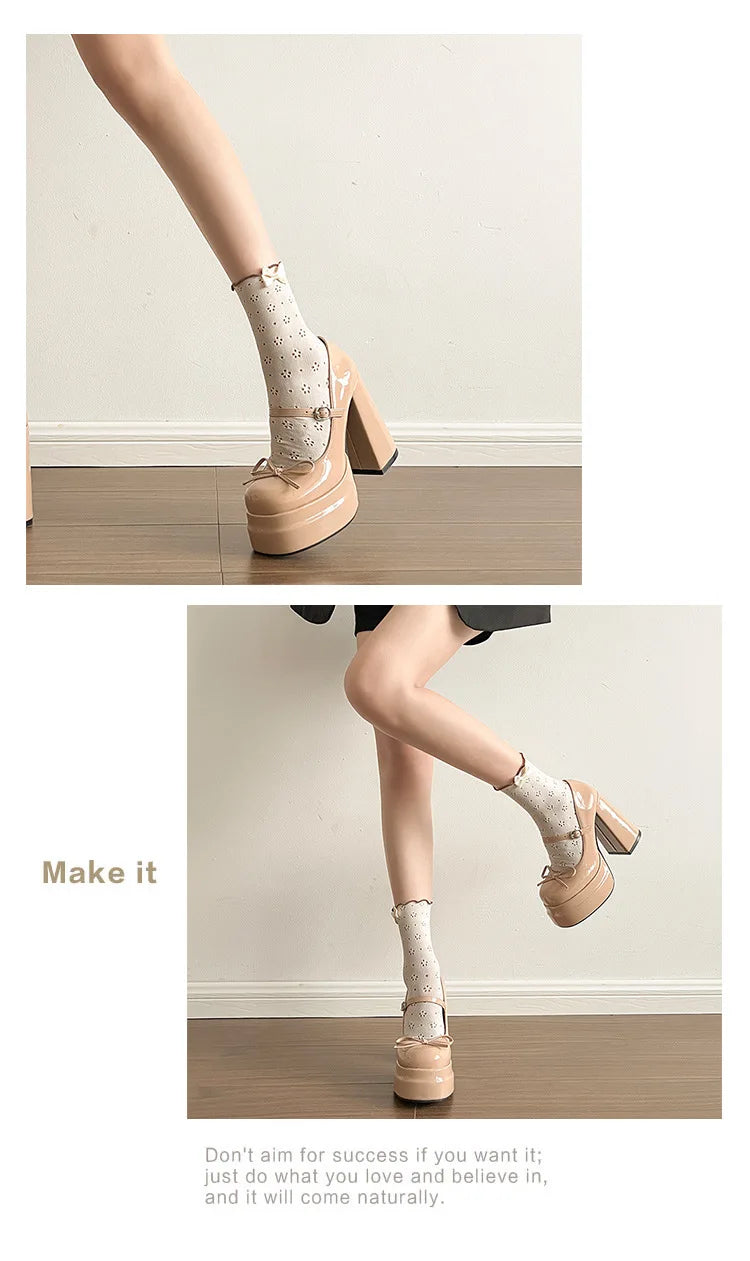 Comemore Platform Square High Heel Women's Mary Jane Shoes Fashion Butterfly-knot Shoes Spring Autumn Wedding Party Pumps Shoes