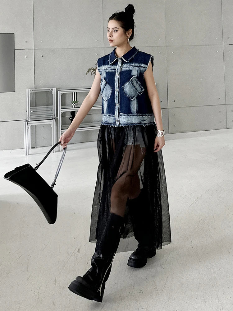 EAM Women Blue Denim Burr Mesh Color-block Big Size Blouse New Lapel Sleeveless Shirt Fashion Tide Spring Autumn 2026 1DJ2069