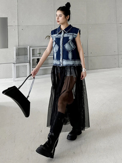 EAM Women Blue Denim Burr Mesh Color-block Big Size Blouse New Lapel Sleeveless Shirt Fashion Tide Spring Autumn 2026 1DJ2069