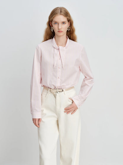 ZIQIAO Women's Pink Striped Cotton Shirt with Bunny Ear Tie Spring 2026 New Korean Style Long-Sleeved Top Age-reducing