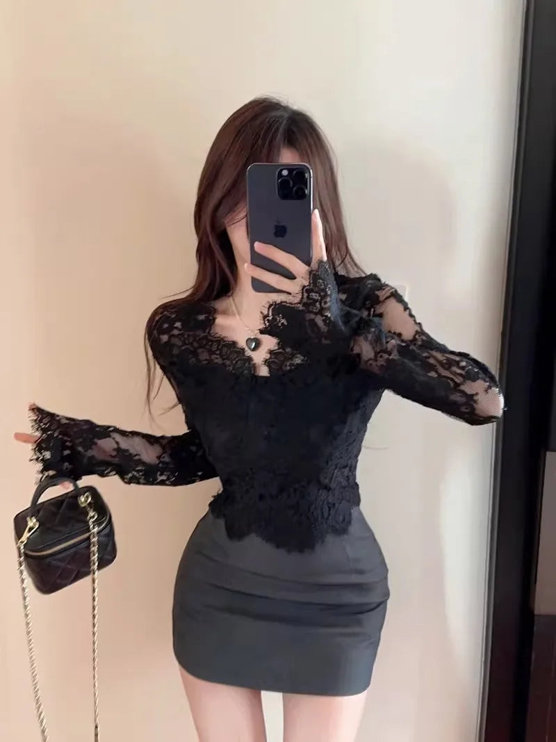 Bla Lace Floral Hollow out V-Ne Long Sve Women's Base irt Slim Fit Spring Autumn High Quali Sexy Top Korean Sle