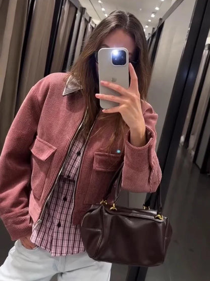 Fashion Corduroy Long Sleeve Zipper Jacket For Women PU Leather Collar Pockets Coat 2026 Spring New Lady Street Chic Outerwear