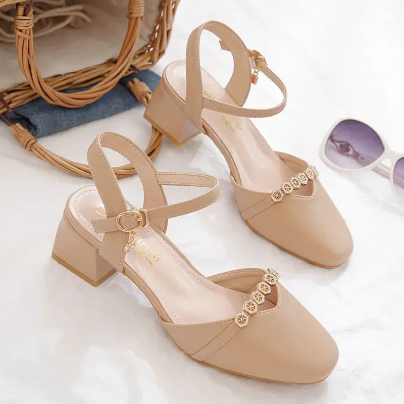 women classic high quality spring & summer buckle strap hollow out square heel shoes lady casual apricot office heels ca87
