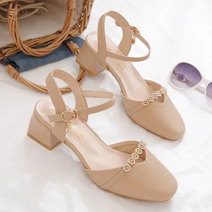 women classic high quality spring & summer buckle strap hollow out square heel shoes lady casual apricot office heels ca87