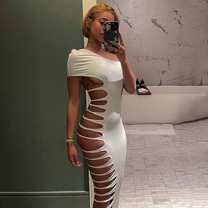 Sexy Skew Collar Bodycon Dress Women Coquette Hollow Out Summer Trend Midnight Party Clubwear Irregular Hipster Vestidos