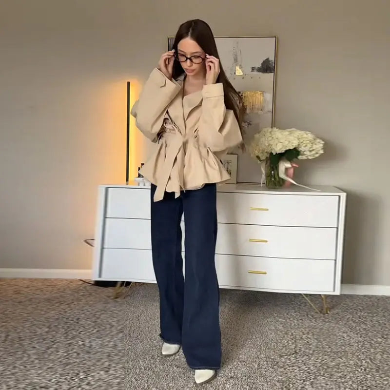 Fashion Lace Up Ruched Trench Coat Women Solid Loose Lapel Full Sleeve Jackets Female 2025 Spring Autumn Lady Commute Coats New