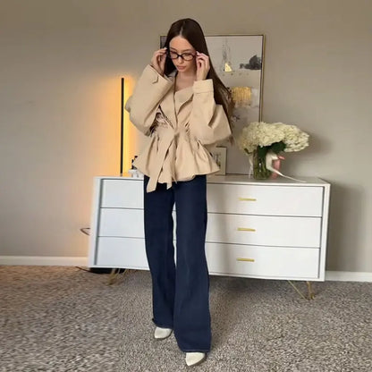 Fashion Lace Up Ruched Trench Coat Women Solid Loose Lapel Full Sleeve Jackets Female 2025 Spring Autumn Lady Commute Coats New