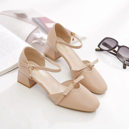 women classic high quality spring & summer buckle strap hollow out square heel shoes lady casual apricot office heels ca87