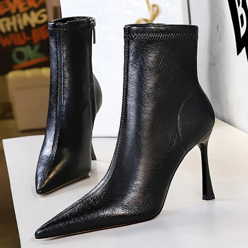 BIGTREE shoes White Women's boots Side zipper leather boots High Heels 9 cm Spring New Ladies Ankle boots stilettos Short boots