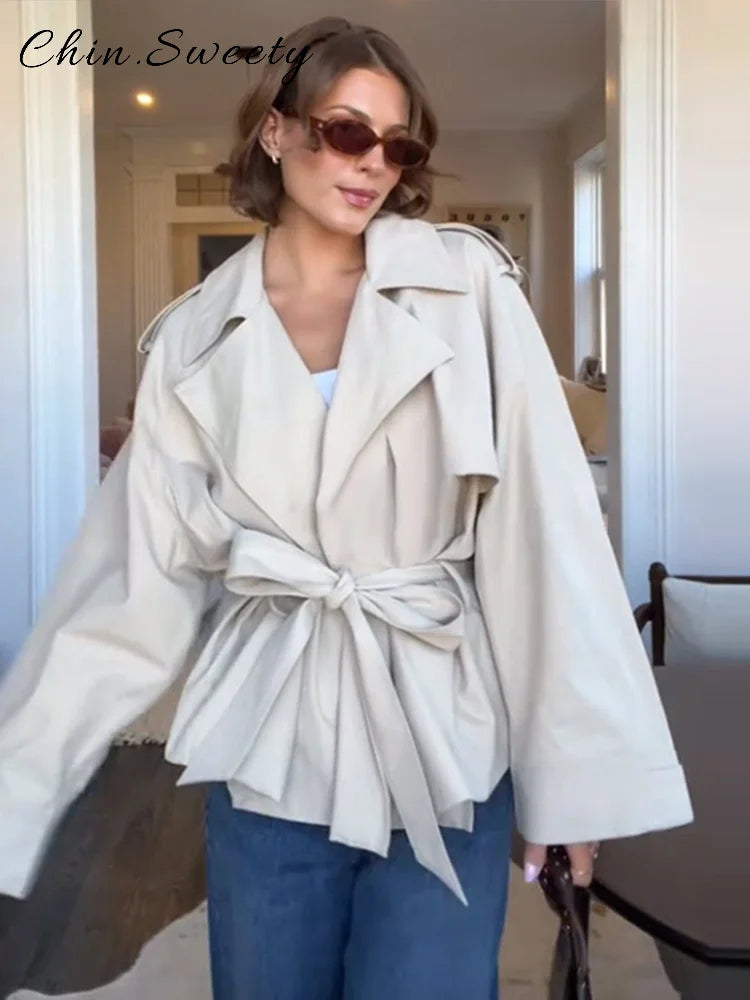 Fashion Lace Up Ruched Trench Coat Women Solid Loose Lapel Full Sleeve Jackets Female 2025 Spring Autumn Lady Commute Coats New
