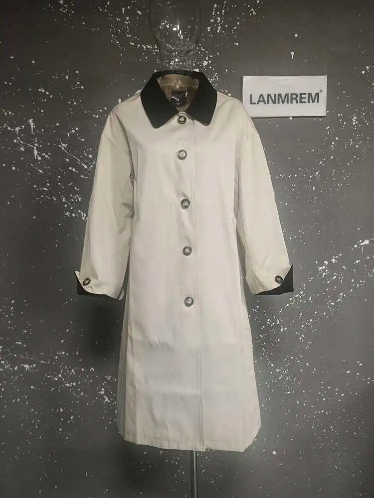 LANMREM Women Trench Coat Korean Style New Lapel Long Sleeve Loose Single Breasted Windbreaker Fashion Tide Spring 2025 2DE118