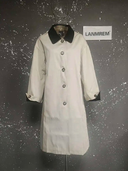 LANMREM Women Trench Coat Korean Style New Lapel Long Sleeve Loose Single Breasted Windbreaker Fashion Tide Spring 2025 2DE118
