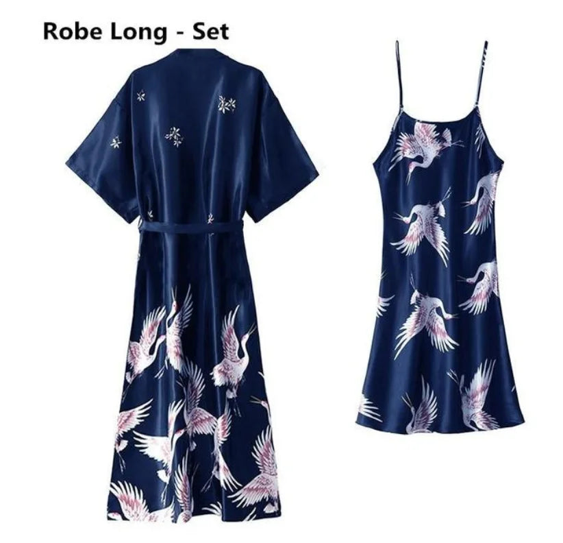 Sexy Nightwear Gown Set Women 2PC Pyjama V-Neck Pajamas Silky Sleepwear Spring Lady Sleep Suit Robe Wear Home Negligee Homewear