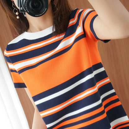 WinvyNee Spring Summer Short Sleeved Top Women's Kntting Cotton Round O Neck T-Shirt Striped Tops Casual Women Clothing A1002019