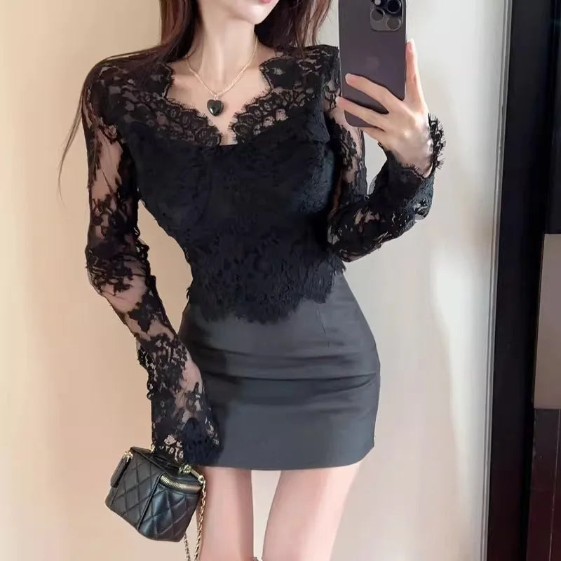 Bla Lace Floral Hollow out V-Ne Long Sve Women's Base irt Slim Fit Spring Autumn High Quali Sexy Top Korean Sle