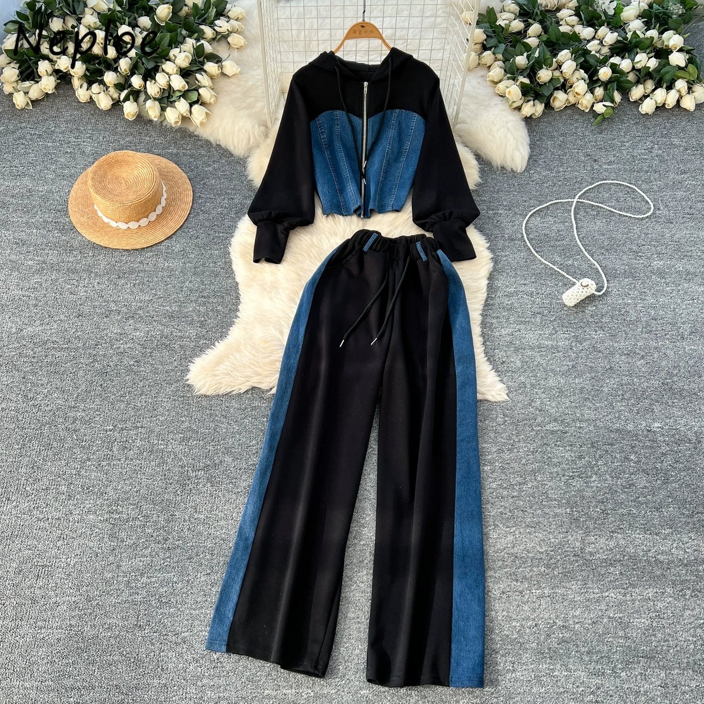 Neploe Spring Hong Kong Style Casual Set Coat Pullover Hoody Panelled High Waist Wid Leg Pants Denim Lace Up Moda Suit Trousers