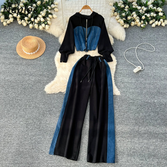 Neploe Spring Hong Kong Style Casual Set Coat Pullover Hoody Panelled High Waist Wid Leg Pants Denim Lace Up Moda Suit Trousers