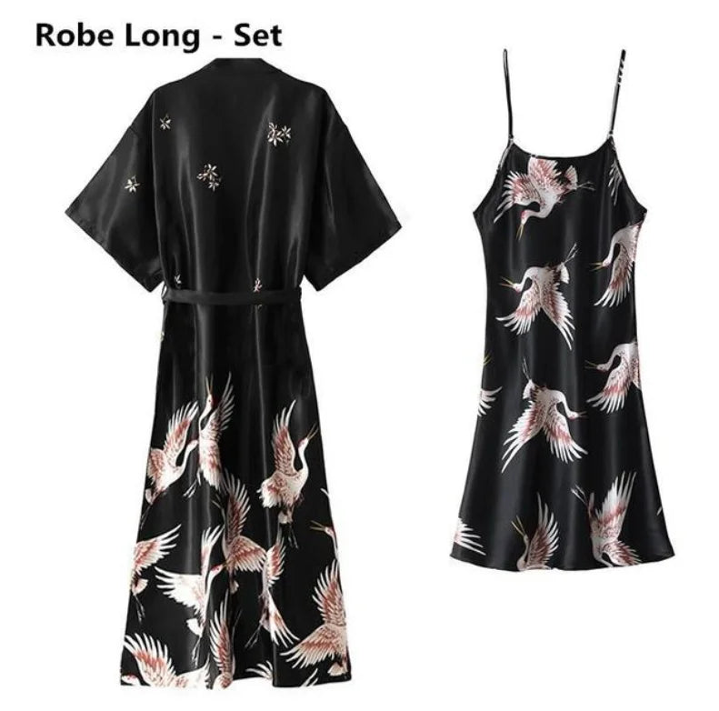 Sexy Nightwear Gown Set Women 2PC Pyjama V-Neck Pajamas Silky Sleepwear Spring Lady Sleep Suit Robe Wear Home Negligee Homewear