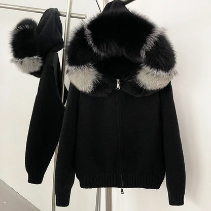 OFTBUY Real Mongolian Fur Knitwear Coat Women Cardigan Natural Fox Fur Coat Female Spring Autumn Hooded Knitted Fur Jacket