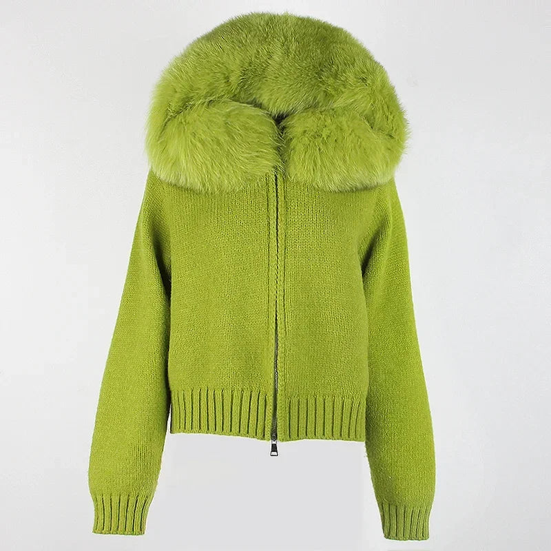 OFTBUY Real Mongolian Fur Knitwear Coat Women Cardigan Natural Fox Fur Coat Female Spring Autumn Hooded Knitted Fur Jacket