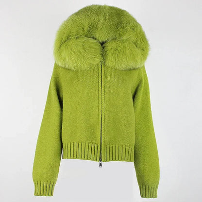 OFTBUY Real Mongolian Fur Knitwear Coat Women Cardigan Natural Fox Fur Coat Female Spring Autumn Hooded Knitted Fur Jacket