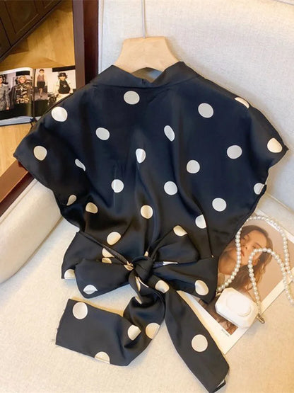 Sexy Cropped Dot Shirt Women Vintage Slim V Neck Short Sleeve Design Blouse French Retro Casual Bow Lace Up Summer Elegant Tops