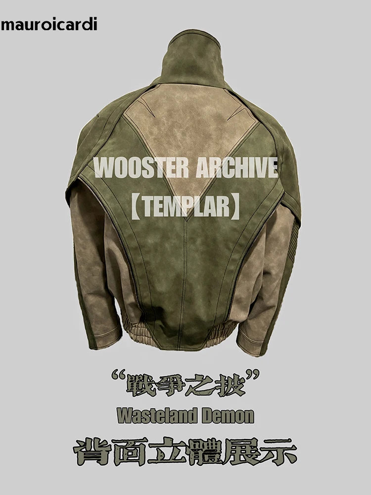 Mauroicardi Spring Autumn Cool Handsome Windproof Oversized Distressed Patchwork Pu Leather Jacket Men Zip Up European Fashion