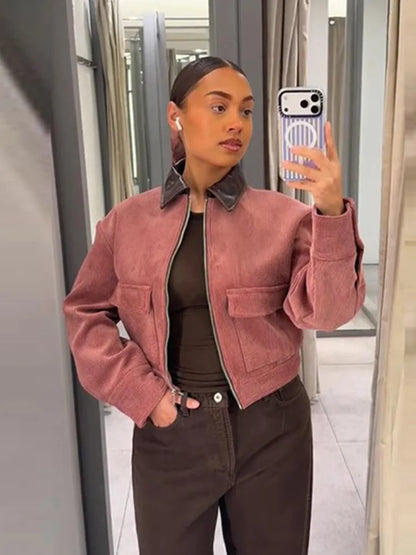 Fashion Corduroy Long Sleeve Zipper Jacket For Women PU Leather Collar Pockets Coat 2026 Spring New Lady Street Chic Outerwear