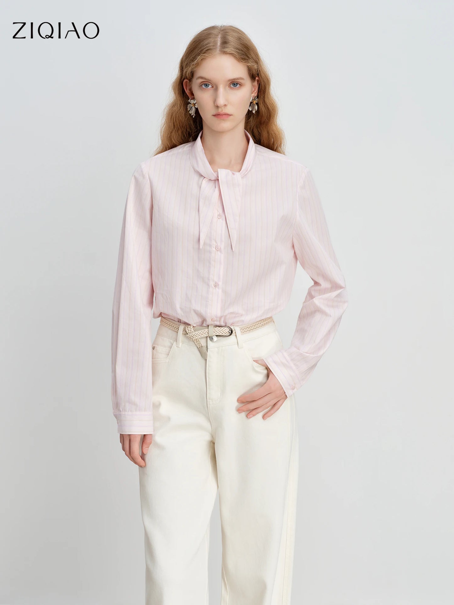 ZIQIAO Women's Pink Striped Cotton Shirt with Bunny Ear Tie Spring 2026 New Korean Style Long-Sleeved Top Age-reducing