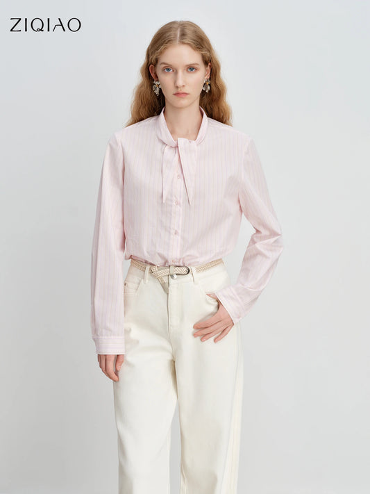 ZIQIAO Women's Pink Striped Cotton Shirt with Bunny Ear Tie Spring 2026 New Korean Style Long-Sleeved Top Age-reducing