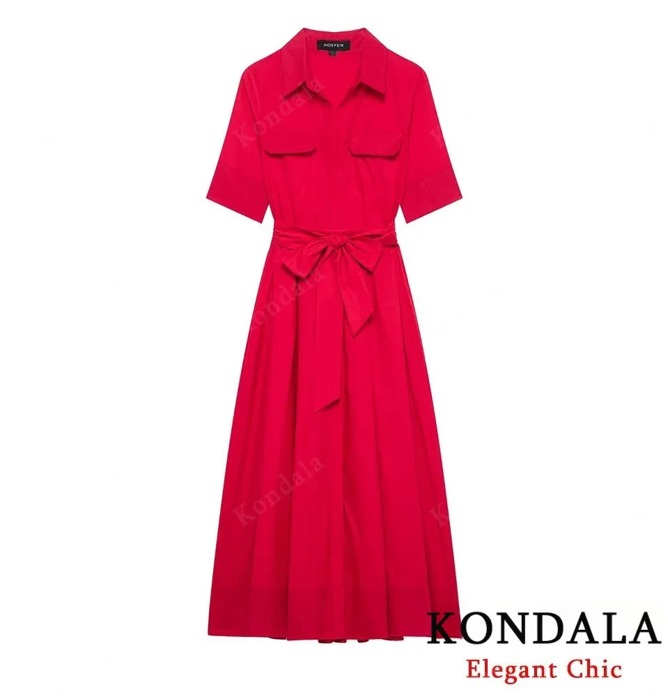 KONDALA Fall Women Elegant Red Belted Dress Lapel Pocket Long Dress 2025 New Summer High Street Romantic Casual Holidays Dress