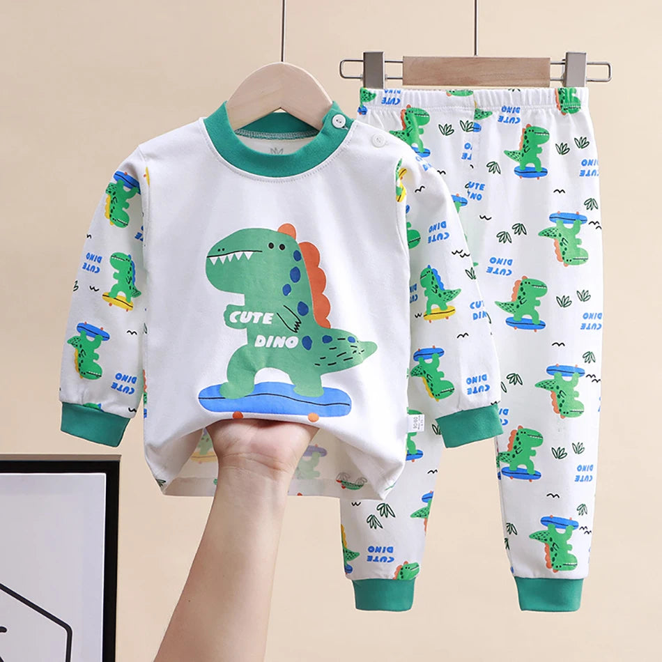 Spring Autumn Kids Pajamas Set Unisex Children Dino Bear Animal Cartoon Sleepwear Boys and Girls Homewear Casual Clothing 1-10Y