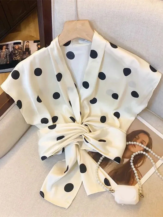 Sexy Cropped Dot Shirt Women Vintage Slim V Neck Short Sleeve Design Blouse French Retro Casual Bow Lace Up Summer Elegant Tops
