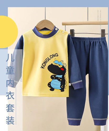 New 2024 Kids Underwear Clothing Sets Boys Girls Pure Cotton Cute Cartoon Dinosaur T-shirt Top with Pants Baby Autumn Pajamas