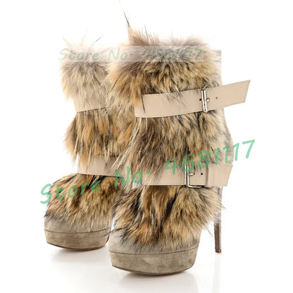 Beige Suede Leather Fur Ankle Boots Women Luxury Buckle Strap Platform Boots Female Spring High Heels Chic Round Toe Shoes