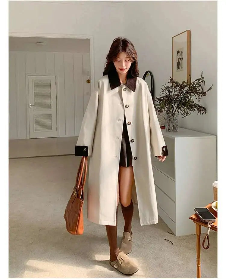 LANMREM Women Trench Coat Korean Style New Lapel Long Sleeve Loose Single Breasted Windbreaker Fashion Tide Spring 2025 2DE118